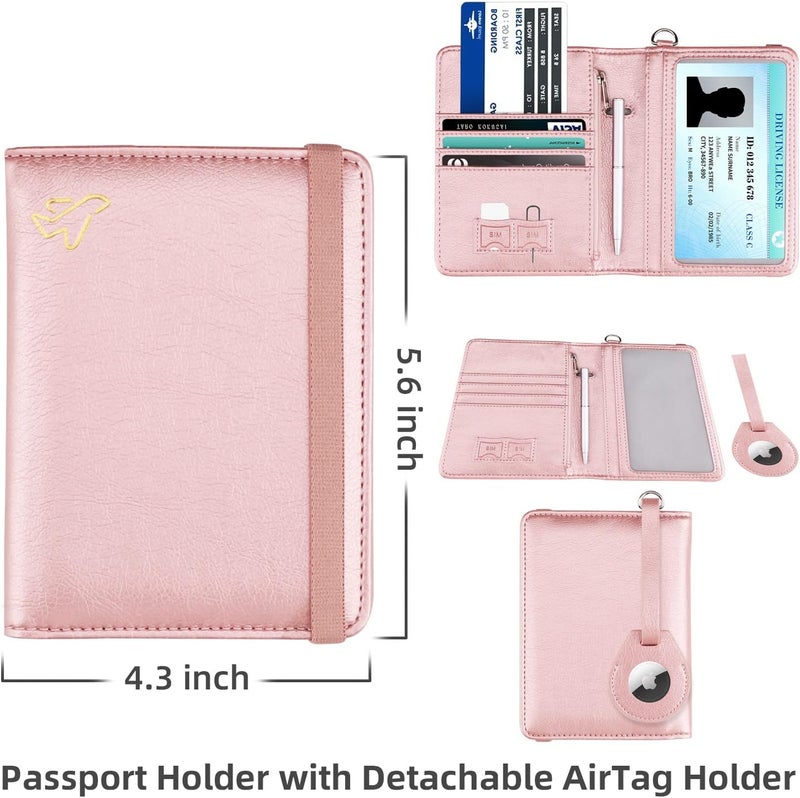 WALNEW AirTag Passport Holder, PU Leather Airtag Wallet RFID Blocking Passport Cover Travel Essentials Case for Women Men (Rosegold) - Image 3
